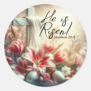 Er ist Risen Cross mit Osterlilien und Eiern Runder Aufkleber