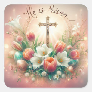 Er ist Risen Cross mit Osterlilies Quadratischer Aufkleber
