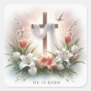 Er ist Risen Cross mit Osterlilies Quadratischer Aufkleber