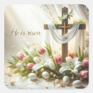 Er ist Risen Cross mit Osterlilies Quadratischer Aufkleber