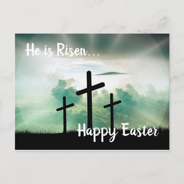 Er ist "Risen Happy Oaster" Feiertagspostkarte (Vorderseite)
