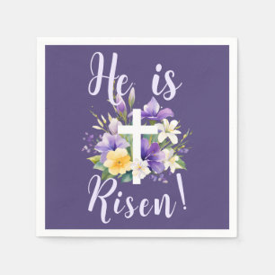 "Er ist Risen!" Lila florales religiöses Ostern Serviette
