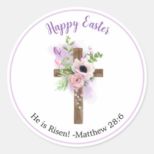 Er ist Risen - Lila Osterkleber mit Blumenkreuz Runder Aufkleber