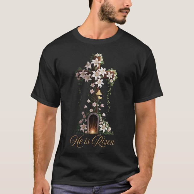 Er ist Risen - Osterkreuz mit Lilien T-Shirt (Vorderseite)