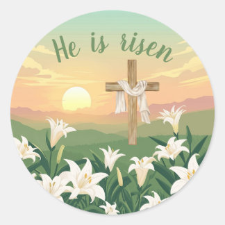 Er ist "Risen Ostersonnenaufgang Religiös" Runder Aufkleber