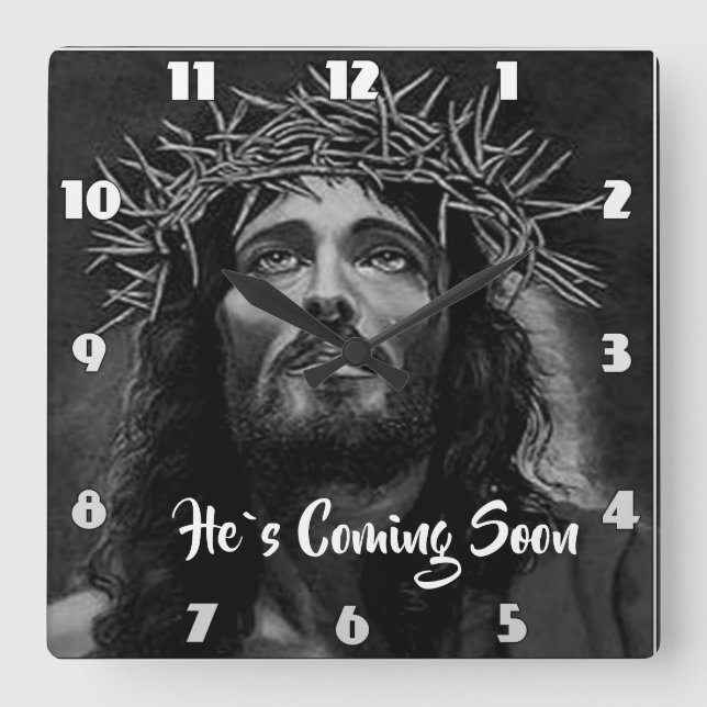 ER KOMMT BALD Jesus, der in den Himmel schaut Quadratische Wanduhr (Vorderseite)