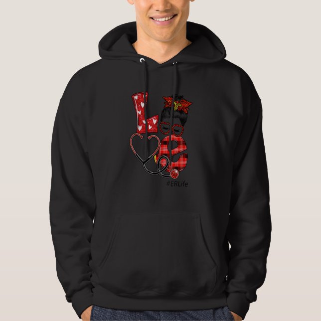Er Nurse Kariert Leopard Liebe Herz Messy Bun Nur  Hoodie (Vorderseite)