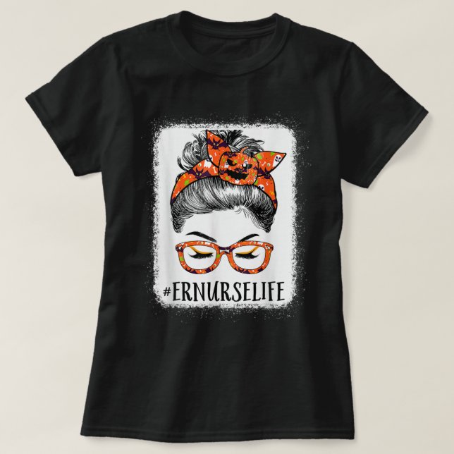 Er Nurse Women Messy Bun Pumpkin Halloween Spider T-Shirt (Design vorne)