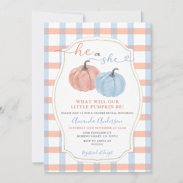 Er oder sie Autumn Pumpkins Gingham Gender Reveal Einladung (Vorderseite)