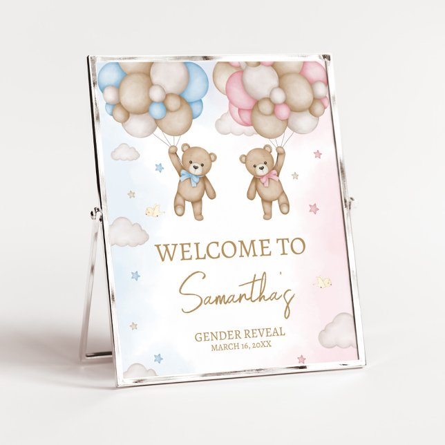 Er oder Sie Bär Geschlechtsenthüllung Willkommenss Poster (Bear Balloon He or She Gender Reveal Welcome Sign)