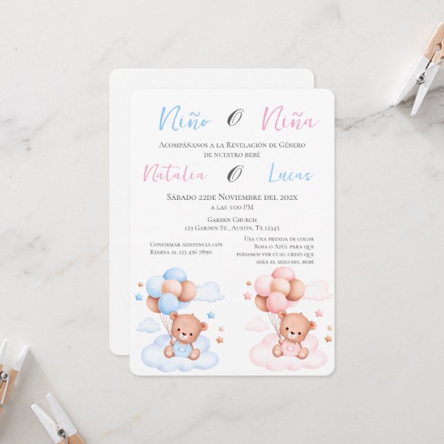 Er oder sie blauer oder rosa Geschlecht offenbart  Einladung (Vorderseite/Rückseite Beispiel)
