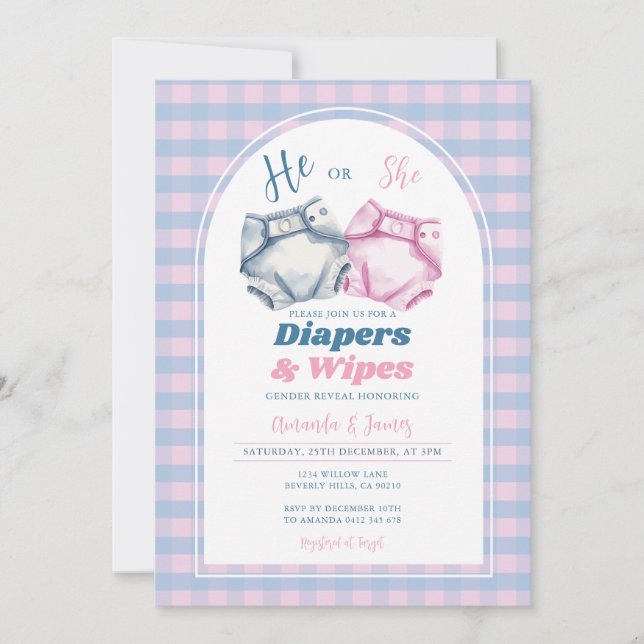 Er oder sie Diapers und Wipes Gender Reveal Gingha Einladung (Vorderseite)