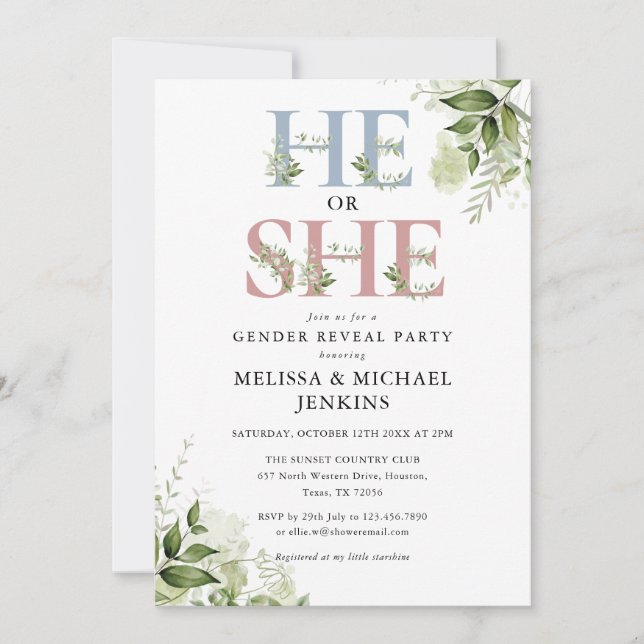 Er oder sie grün Letter Gender Reveal Party Einladung (Vorderseite)