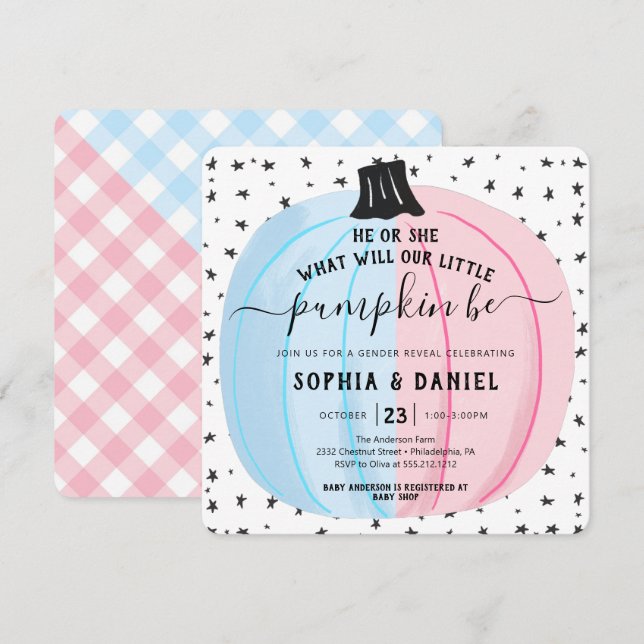 Er oder sie Kleine Kürbisgeschlechtsoffenbarung Ha Einladung (Vorne/Hinten)