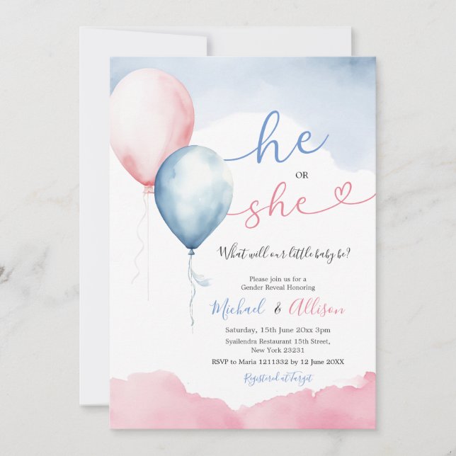 Er oder sie rosa und blauer Ballon Geschlechtsverk Einladung (Vorderseite)