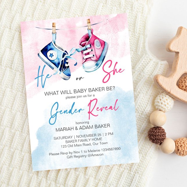 Er oder sie rosa und blaues Geschlecht enthüllt Vo Einladung (He or she pink and blue baby shoes gender reveal party editable template invitation digital download)