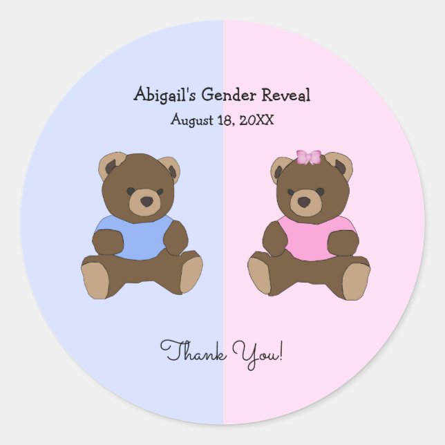 Er oder sie teddy bears Gender Reveal Baby Dusche Runder Aufkleber (Vorderseite)