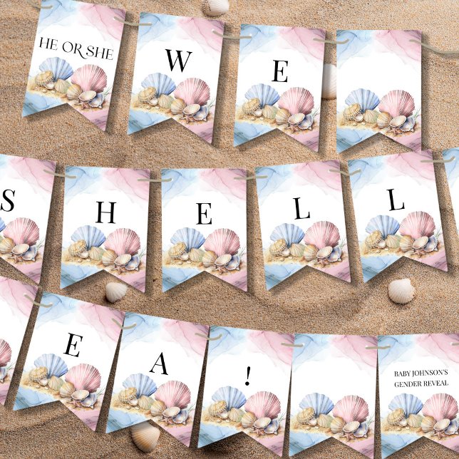 Er oder Sie, wir werden das Meer sehen Geschlecht  Wimpelkette (We Shell Sea! Pink and Blue bunting with seashell theme - pergect for coastal gender reveal.)