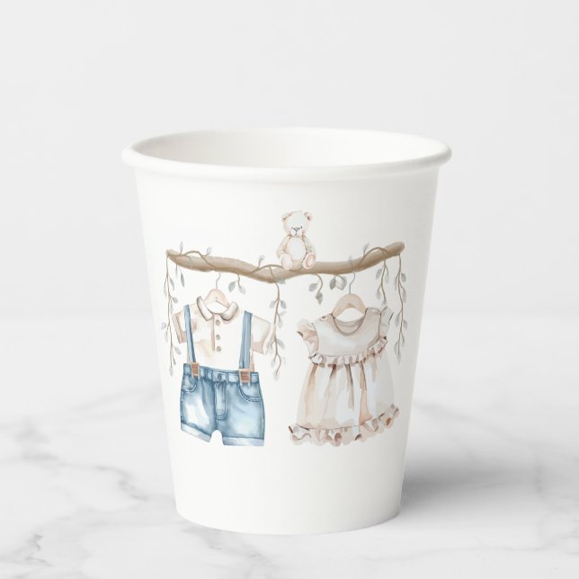 Er oder sie zeigt die Gender-Bekleidung Pappbecher (Vorderseite)