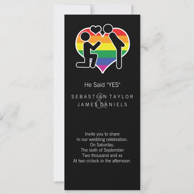 Er sagte ja Herrn und Herrn Vorschlag Gay Wedding Einladung (Vorderseite)