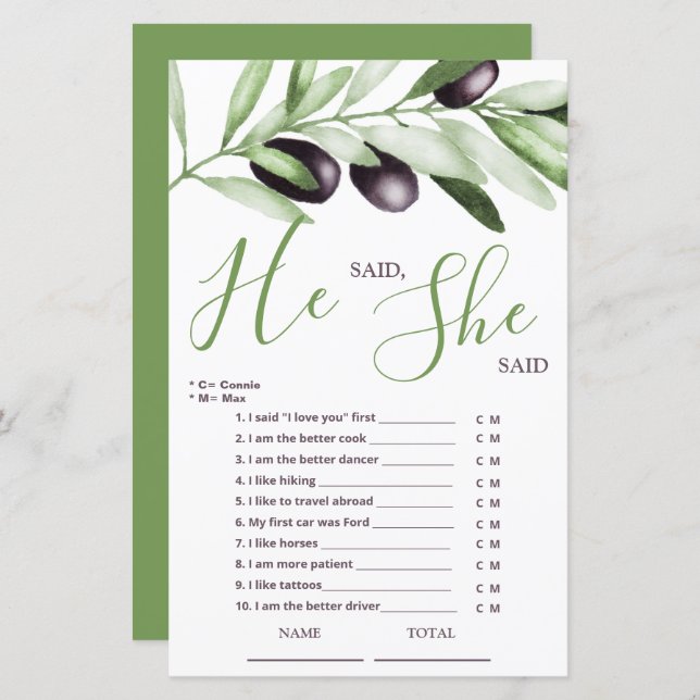 Er sagte: "Olive Branch Bridal Game" (Vorne/Hinten)