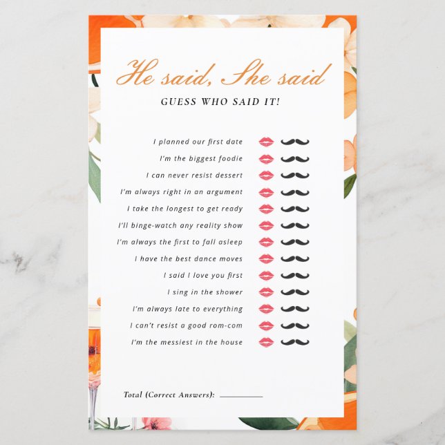 Er sagte, sie sagte, Aperol Spritz Brautparty Game (Vorderseite)
