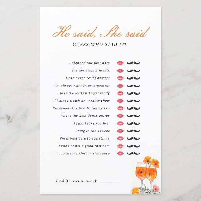 Er sagte, sie sagte, Aperol Spritz Brautparty Game (Vorderseite)