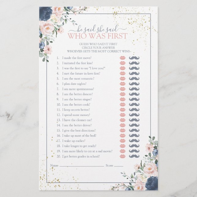 Er sagte, sie sagte Blue Blush Brautparty Game (Vorderseite)
