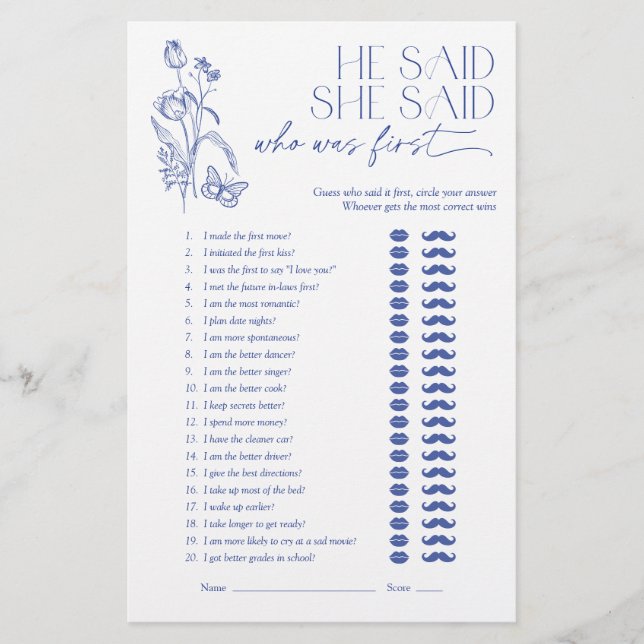 Er sagte, sie sagte Blue Floral Brautparty Game (Vorderseite)
