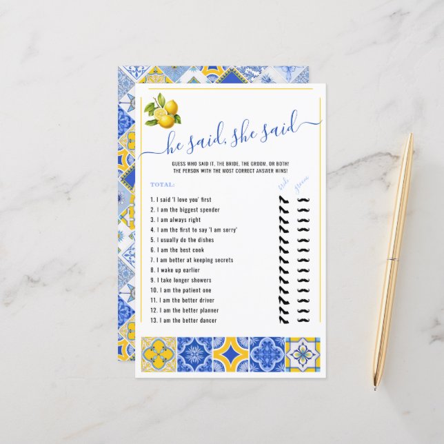 Er sagte, sie sagte Blue Tiles Brautparty Game (Vorderseite/Rückseite Beispiel)