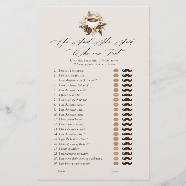 Er sagte, sie sagte Blumencoffee Brautparty Game (Vorderseite)