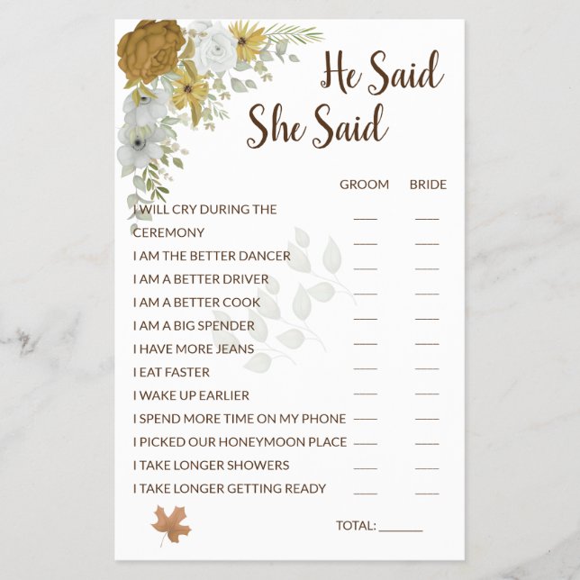 Er sagte, sie sagte Boho Autumn Brautparty Game Fa Flyer (Vorne)
