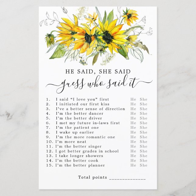 Er sagte, sie sagte Brautparty Game (Vorderseite)