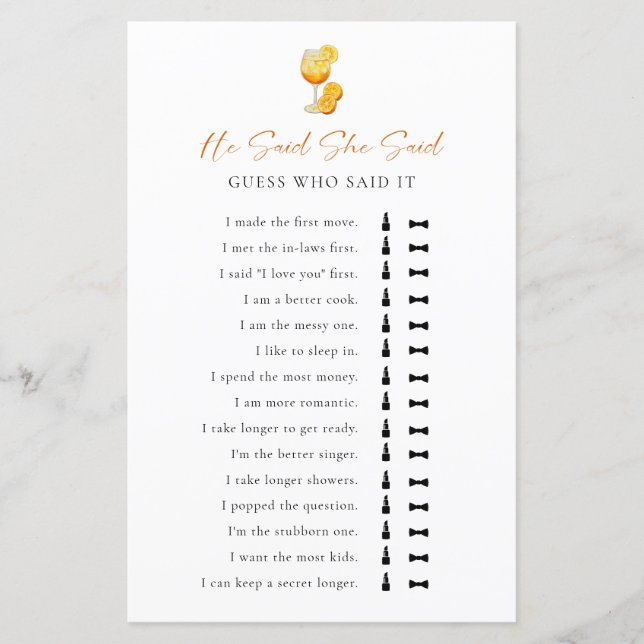 Er sagte, sie sagte, Brautparty Game Aperol Spritz (Vorderseite)