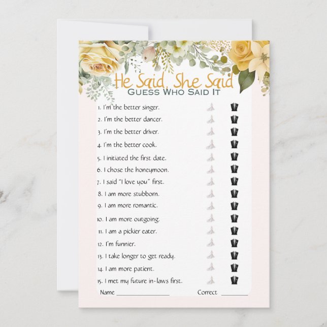 Er sagte, sie sagte Brautparty Game Einladung (Vorderseite)