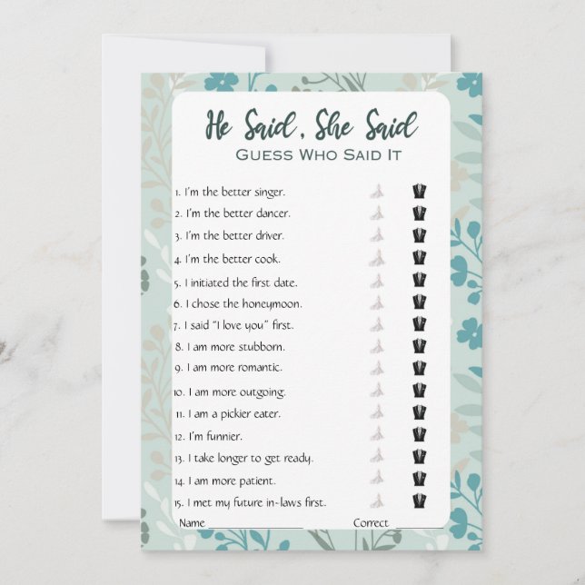 Er sagte, sie sagte Brautparty Game Einladung (Vorderseite)