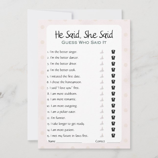 Er sagte, sie sagte Brautparty Game Einladung (Vorderseite)