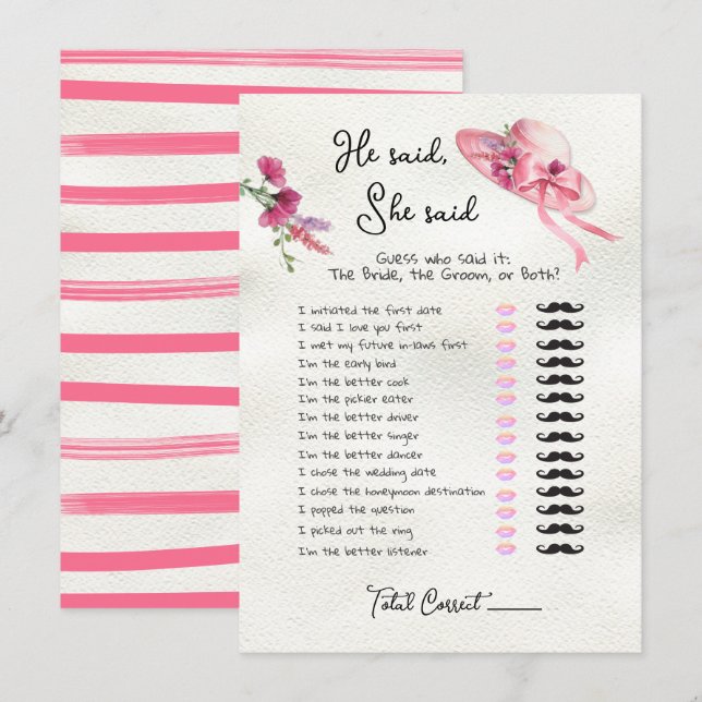 Er sagte, sie sagte Derby Pink Hat Bridal Spiel in Einladung (Vorne/Hinten)