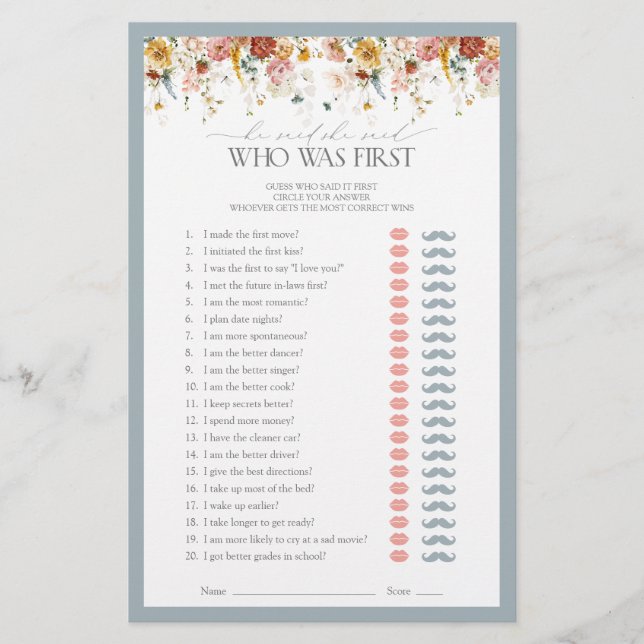 Er sagte, sie sagte, Dusty Blue Brautparty Game (Vorderseite)