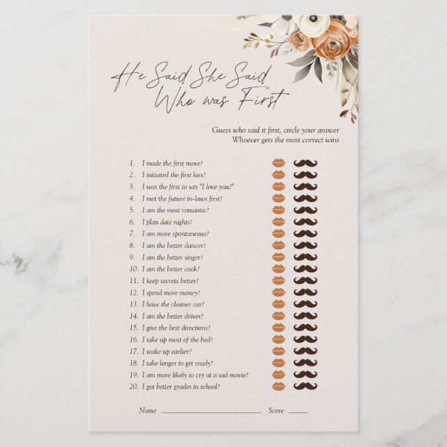 Er sagte, sie sagte Espresso Floral Bridal Game (Vorderseite)