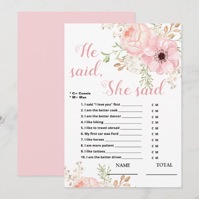 Er sagte, sie sagte, Floral Bridal Game Einladung (Vorne/Hinten)
