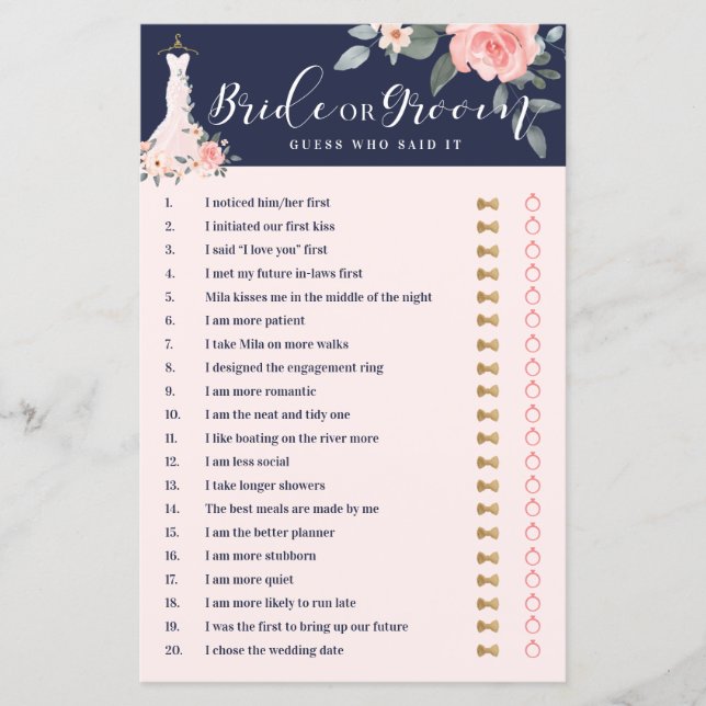 Er sagte, sie sagte, "Floral Gown Brautparty Game" (Vorderseite)