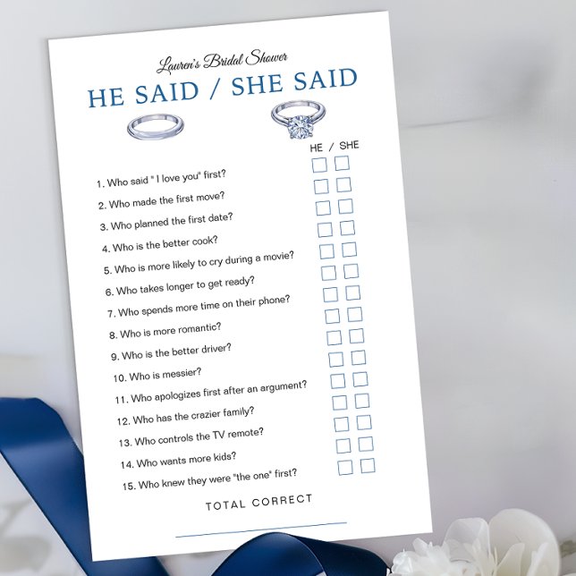 Er sagte, sie sagte Game Card - Blue Brautparty (Bridal Shower Game Sheet)