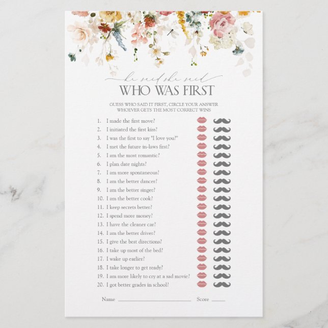 Er sagte, sie sagte, Garden Blume Brautparty Game (Vorderseite)