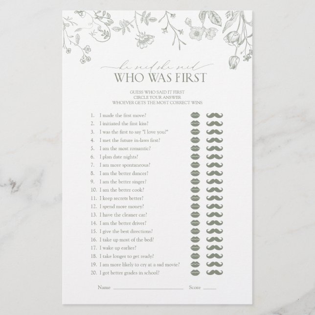 Er sagte, sie sagte Green Floral Brautparty Game (Vorderseite)