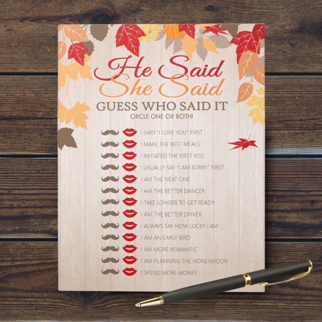 Er sagte, sie sagte Herbst Brautparty Game Pack Notizblock (Who Knows the Couple Best Bridal Shower Party Game. Comes in a pack of 40 easy tear away games!)