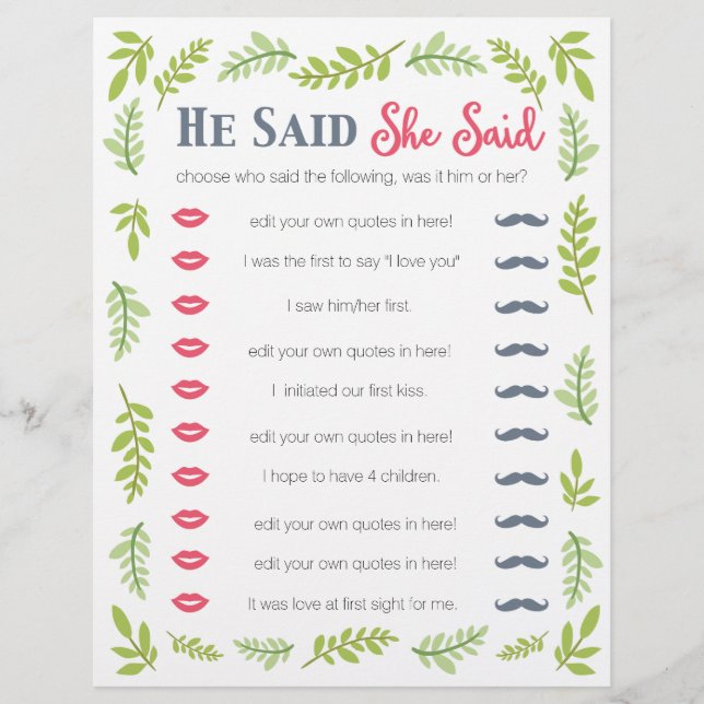 Er sagte, sie sagte illustriertes Blattspiel (Vorderseite)