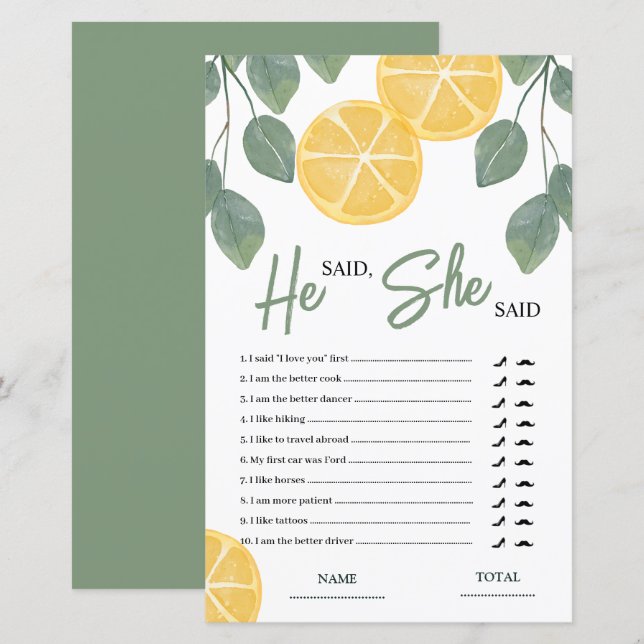 Er sagte, sie sagte, Lemon Brautparty Game (Vorne/Hinten)