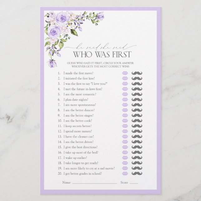 Er sagte, sie sagte Lilac Floral Brautparty Game (Vorderseite)