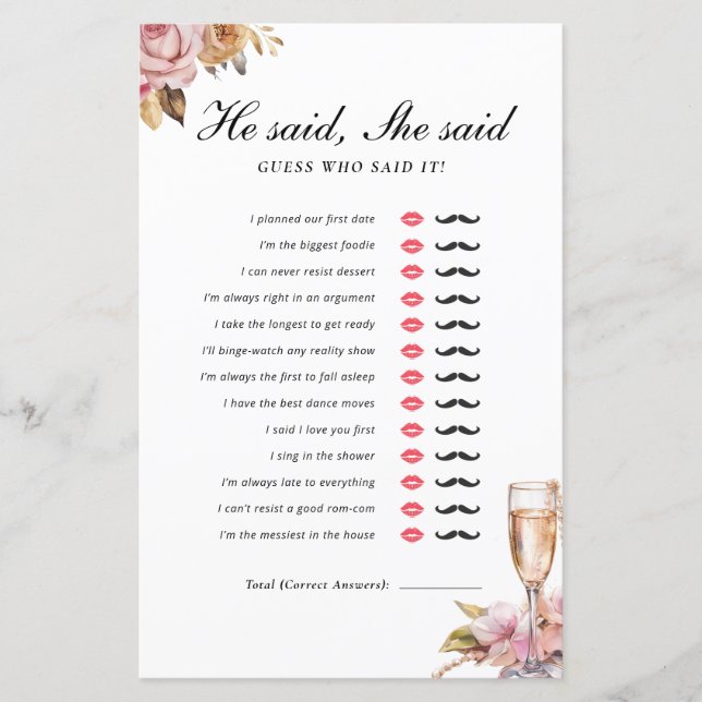 Er sagte, sie sagte Pearls Prosecco Bridal Spiel (Vorderseite)